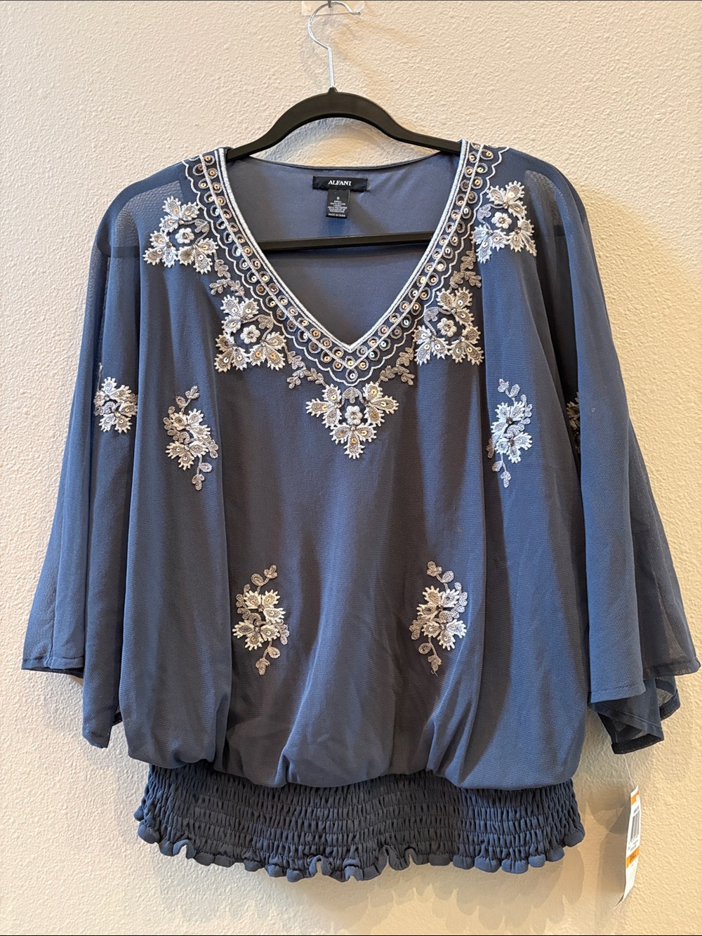 Alfani Charcoal Gray Embroidered V-Neck Top